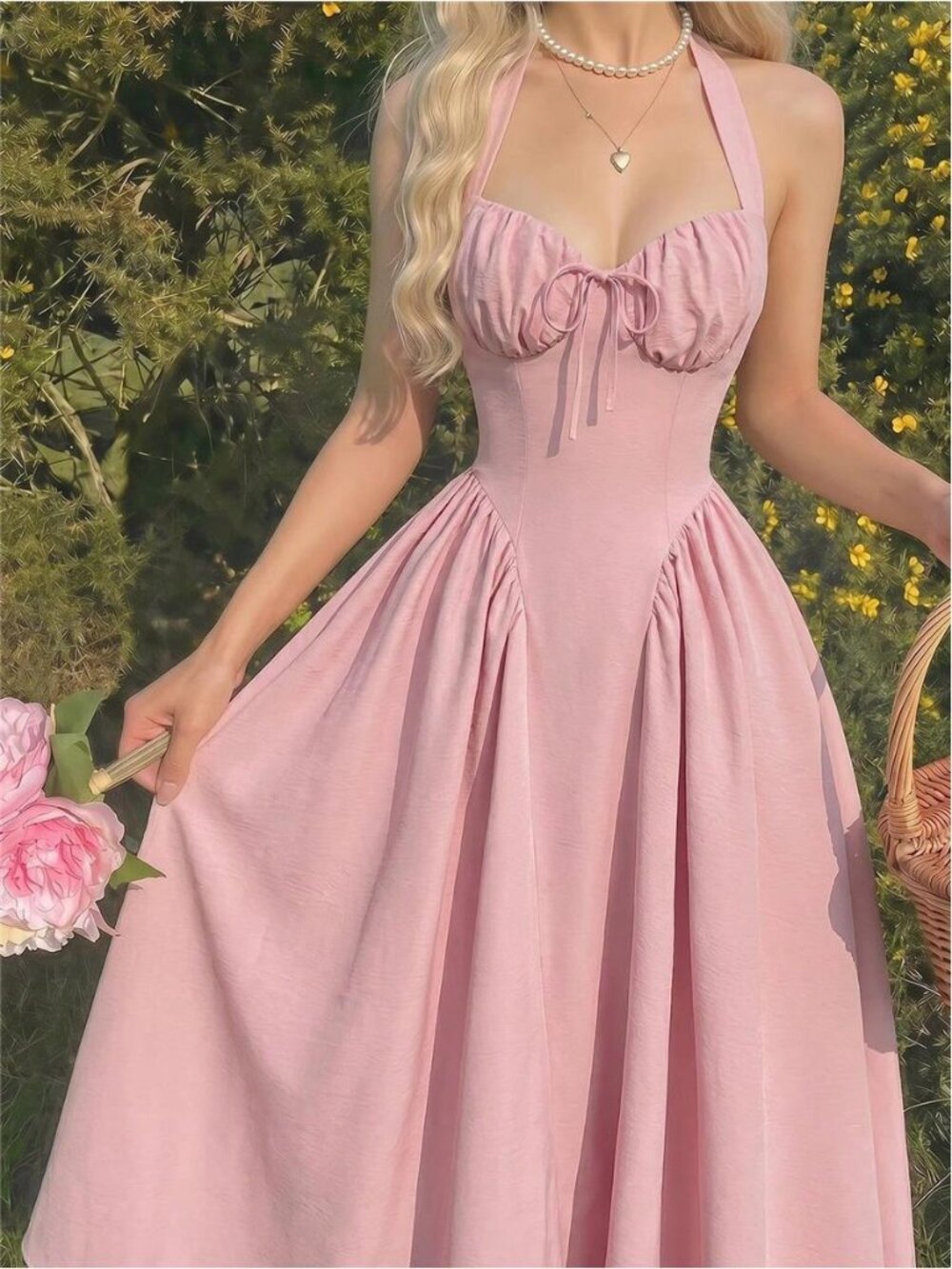 Halter Neck Ruched Bow Swing Dress,Dusty Pink